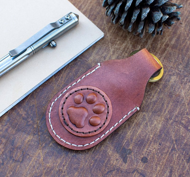 【手工制】双色猫掌磁扣收纳套/感应扣套/古铜钥匙圈 - 钥匙链/钥匙包 - 真皮 橘色