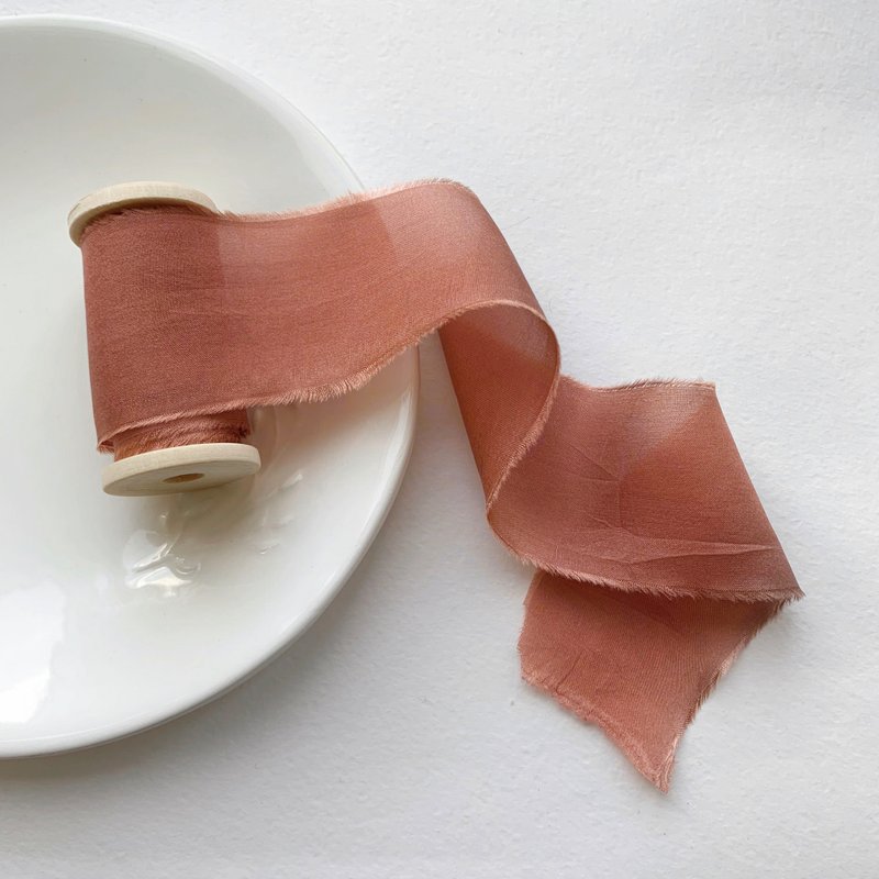 Copper Silk Ribbon / Hand Dyed Silk Ribbon on Wooden Spool - 包装材料 - 丝．绢 橘色