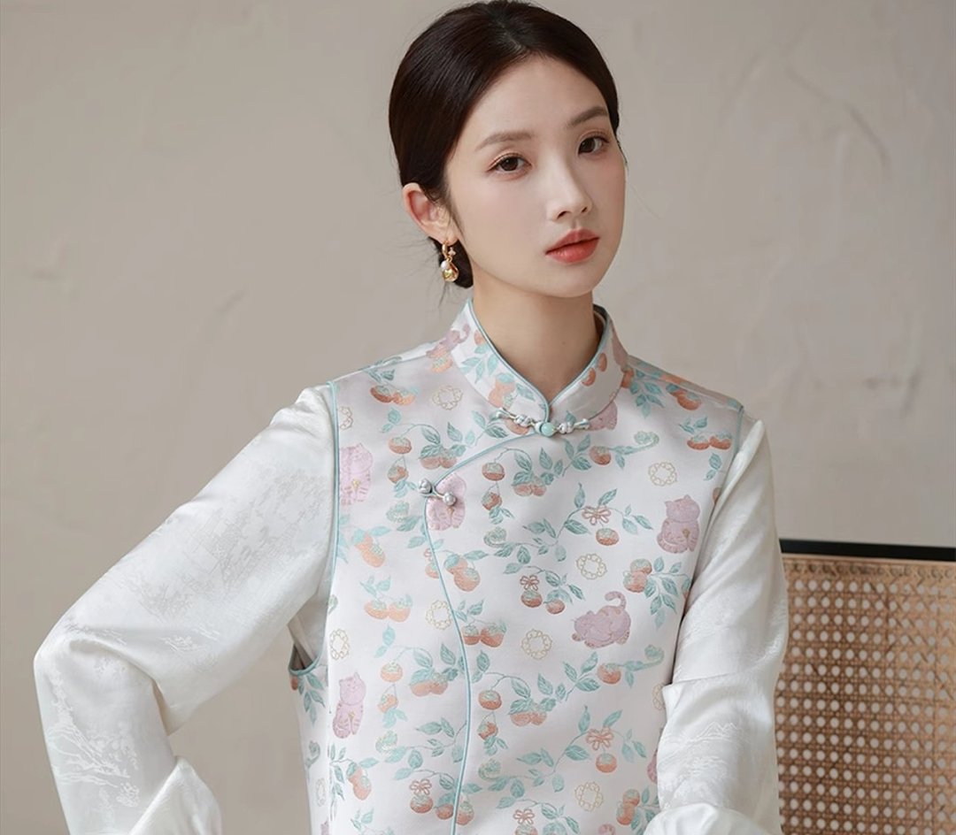 新中式中国风 织金提花斜襟气质背心 - 女装背心 - 丝．绢 粉红色