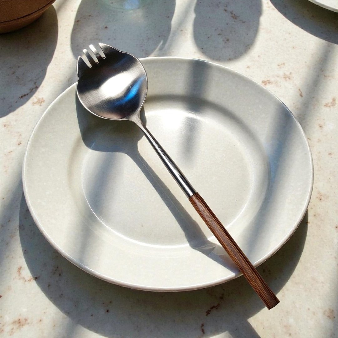 【情人节礼物】复古原木不锈钢餐具 | 虎斑猫汤叉 - 餐刀/叉/匙组合 - 不锈钢 银色