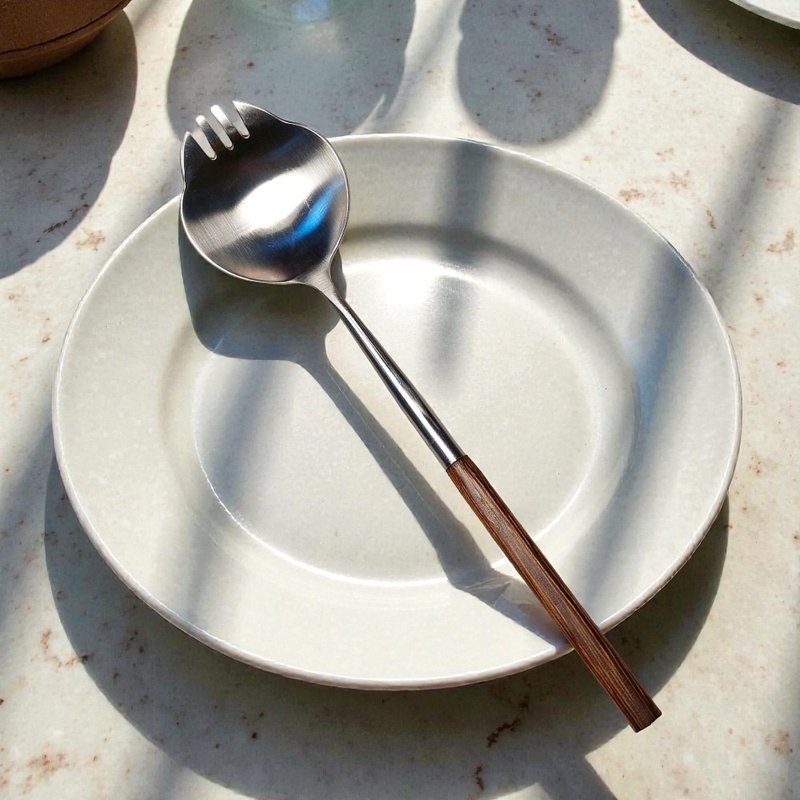 复古原木不锈钢餐具 | 虎斑猫汤叉 - 餐刀/叉/匙组合 - 不锈钢 银色