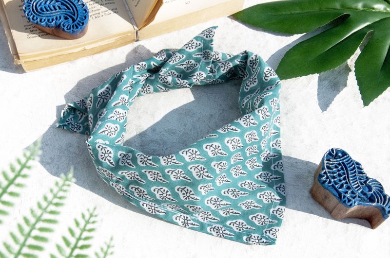 印度手工木刻印方巾 头巾 植物染纯棉布 手帕 茶巾领巾手拭巾-花 - 手帕/方巾 - 棉．麻 多色