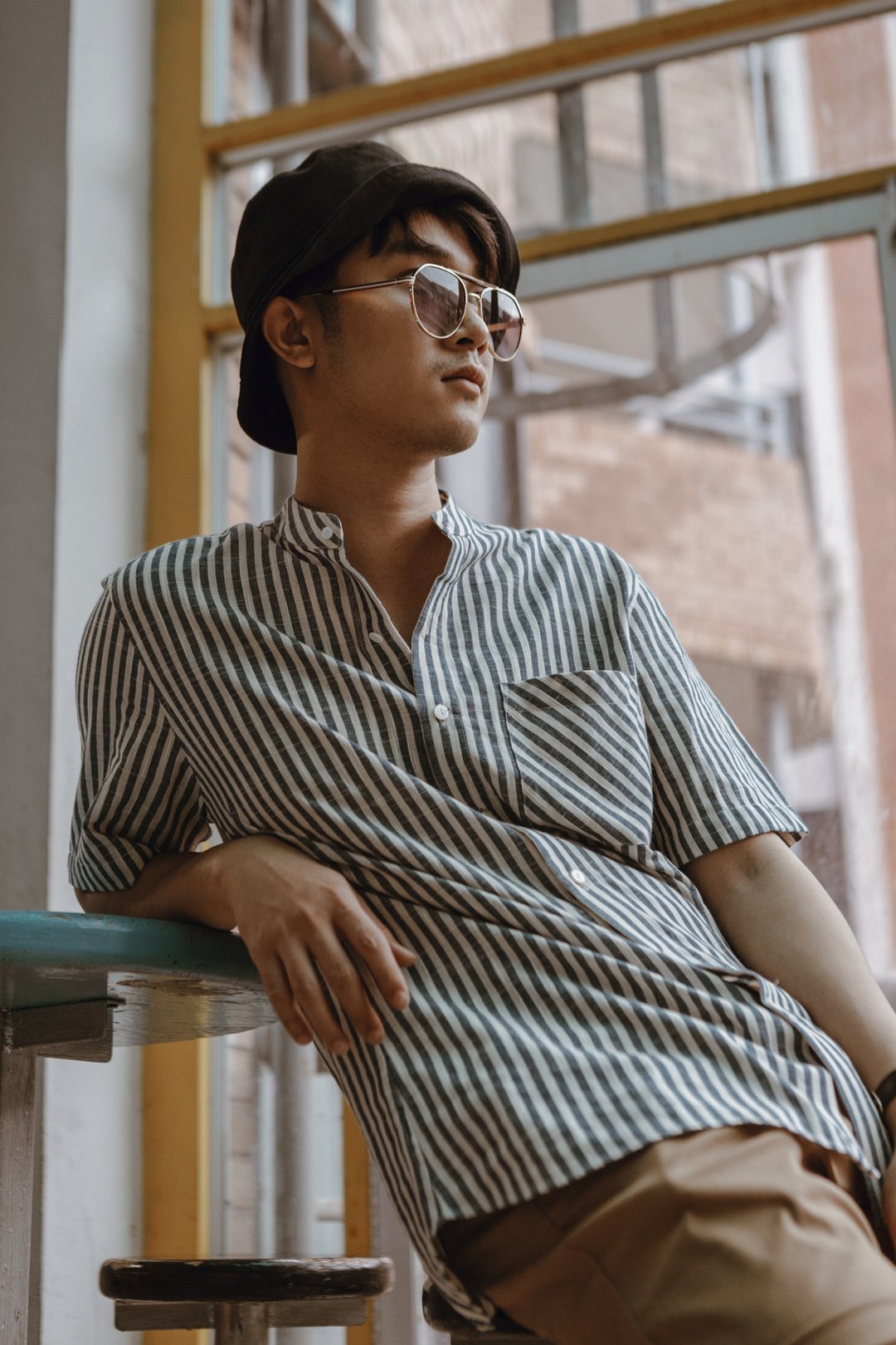 JUN Breton Banded Collar Black Stripe Cotton Short Sleeve Shirt - 男士长裤 - 棉 白色