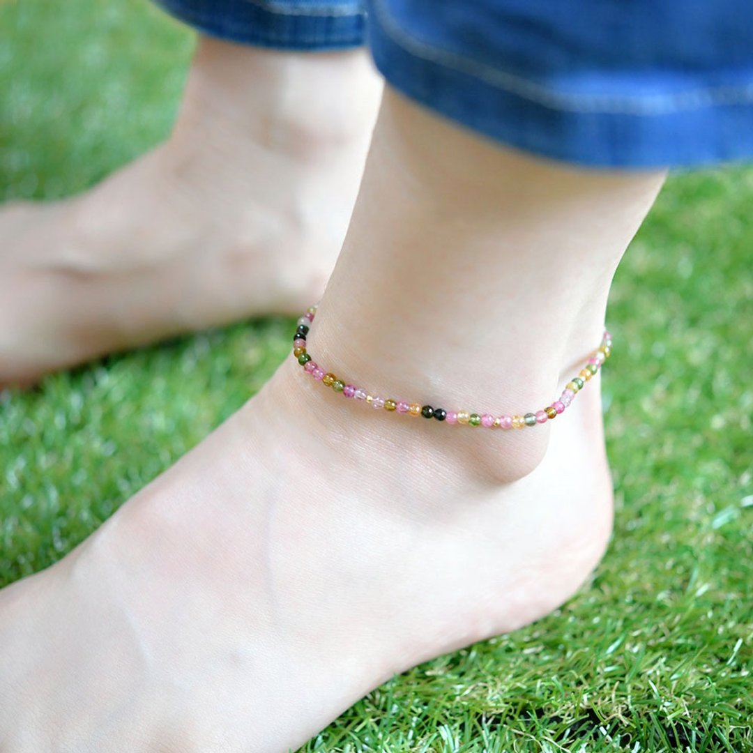 Multicolor tourmaline anklet that brings health with negative ion power October birthstone separately - 脚链/脚环 - 其他金属 多色