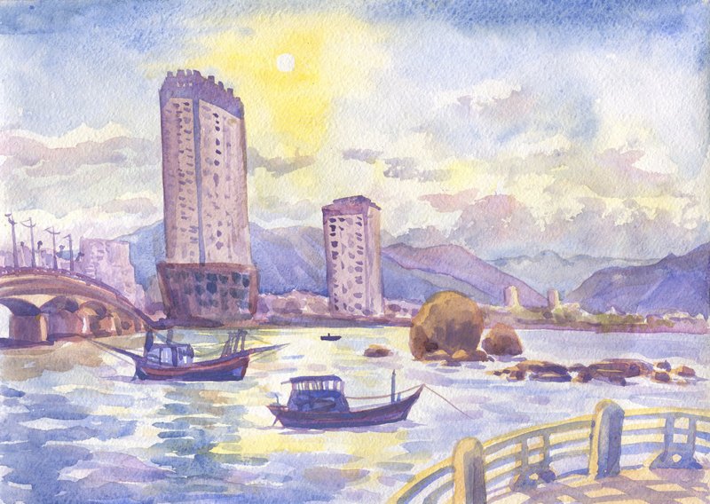 Custom Landscape WATERCOLOR PAINTING by photo ORIGINAL seascape cityscape view - 订制画像 - 纸 