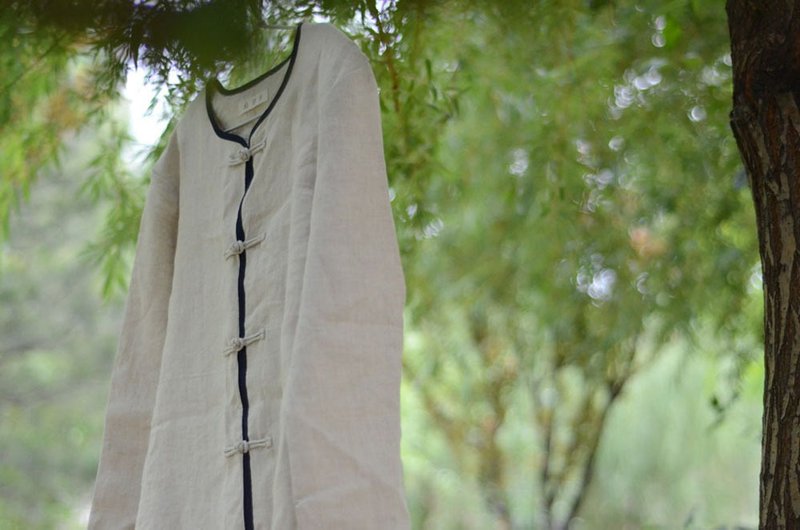 中式盘扣撞色亚麻外套风衣中性男女均可 - 男装外套 - 棉．麻 