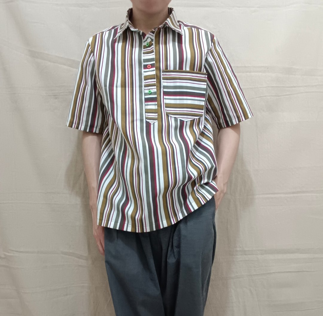 Designer collection 红绿撞色条纹前短后长半襟衫 - 男装衬衫 - 棉 多色