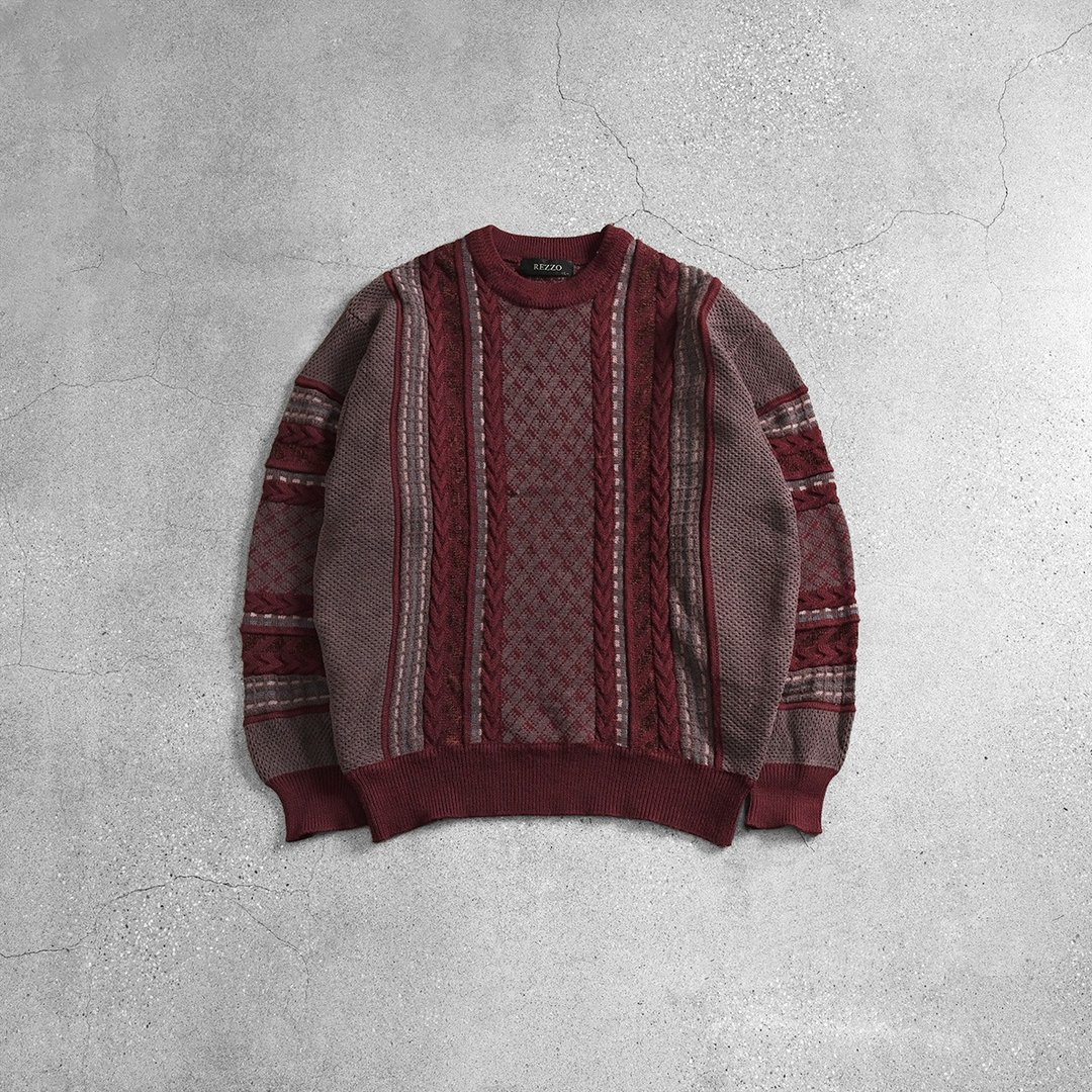 Vintage 立体织纹毛衣 / 图腾毛衣、苦瓜纹毛衣、复古图腾毛衣 - 男装针织衫/毛衣 - 羊毛 紫色