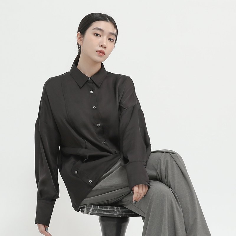 Zhilan_芝兰剪接衬衫_23AF010_黑 - 女装上衣 - 聚酯纤维 黑色