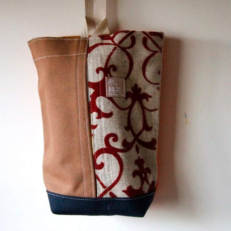 壁挂式帆布面纸套, 土黄帆布+麻布绒布花 - 纸巾盒 - 棉．麻 黄色