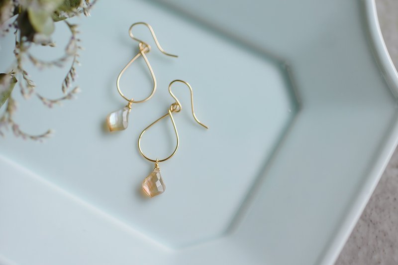 14kgf- Brown Shell Crystal Teardrop Earrings - 耳环/耳夹 - 半宝石 咖啡色