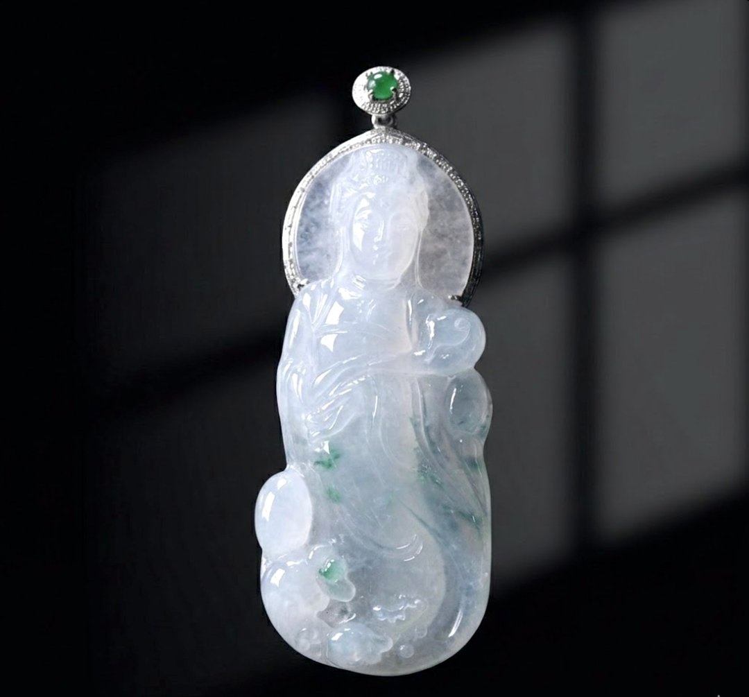 冰飘蓝花妈祖天上圣母项链 18K 金钻石 | 天然缅甸玉 A 货翡翠 | 送礼 - 项链 - 玉石 多色