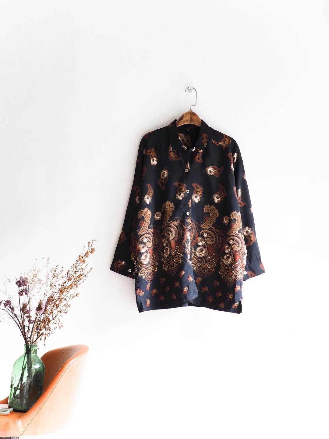 河水山 - 静冈摇滚特色少女 古董丝质衬衫上衣 shirt oversize vintage - 女装衬衫 - 聚酯纤维 黑色