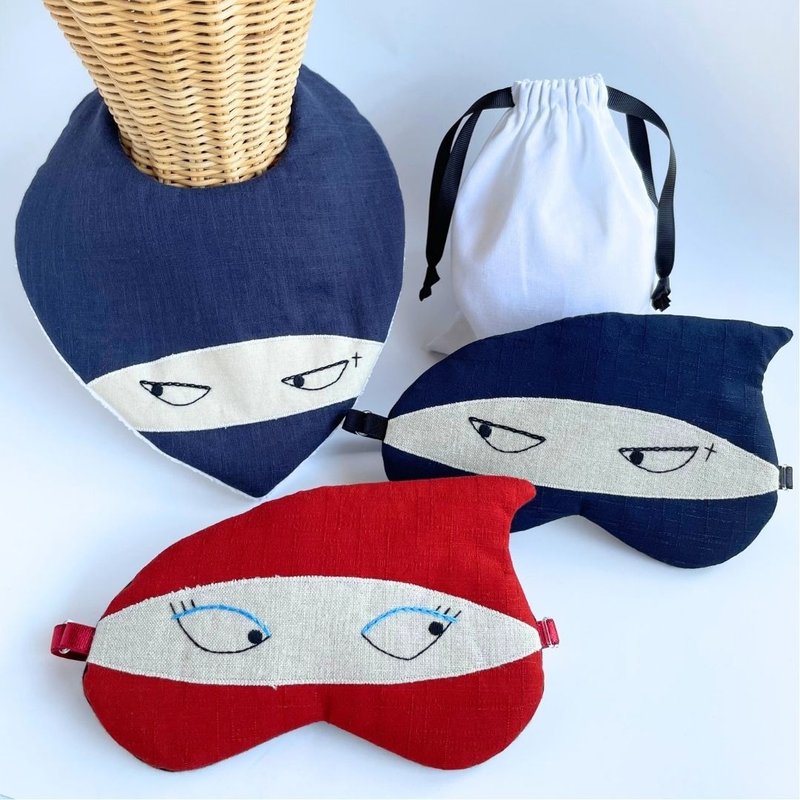 【礼盒】忍者-日本眼罩和围兜 爸爸妈妈宝宝 3件组|可选围兜颜色 - 满月礼盒 - 棉．麻 蓝色