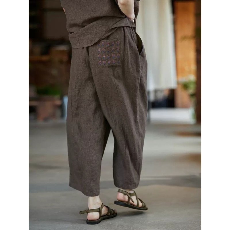 茶棕色亚麻棉松紧腰士林染萝卜裤 - 女装长裤 - 棉．麻 