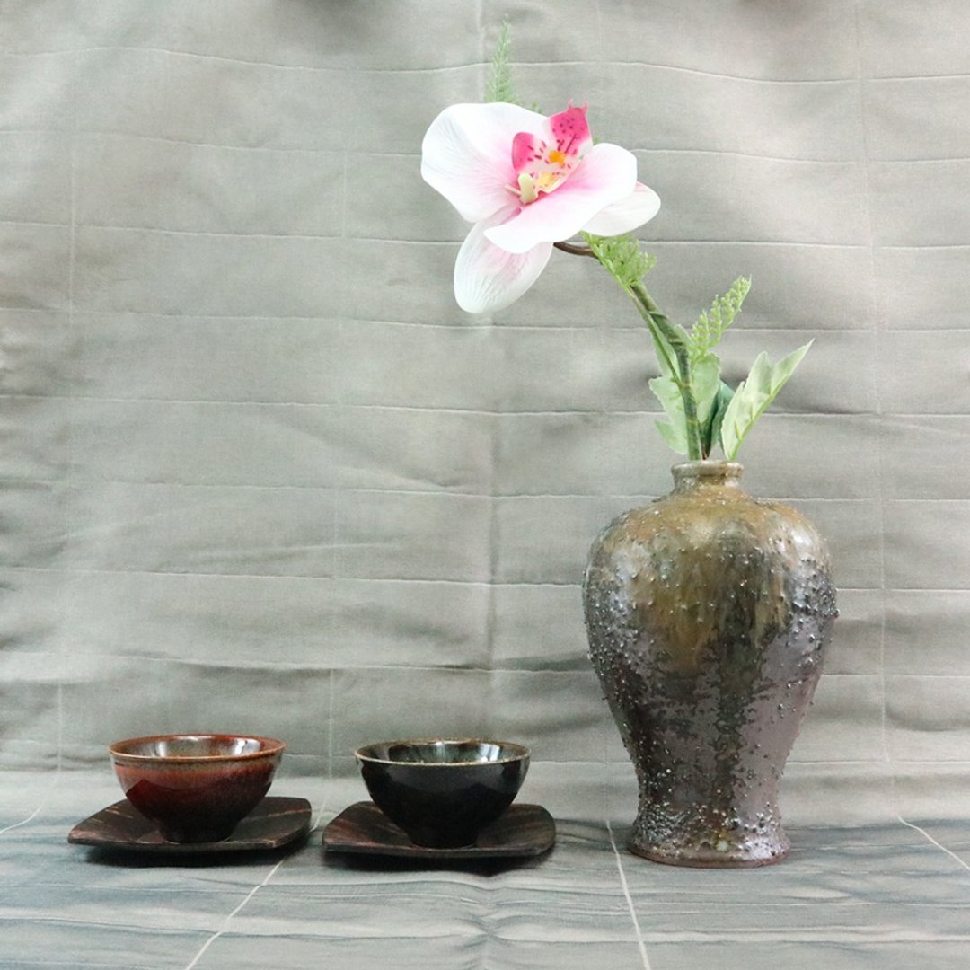 岭上藏岩 柴烧梅瓶 手工创意茶席花器 - 花瓶/陶器 - 陶 咖啡色