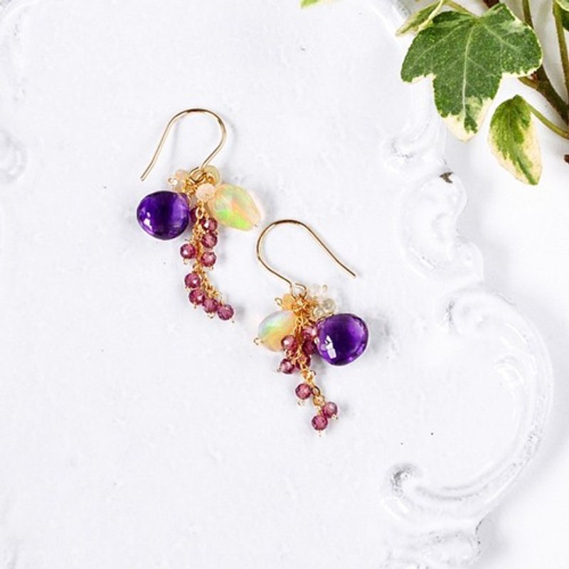 14kgf/best cut amethyst x precious opal earrings - 耳环/耳夹 - 宝石 