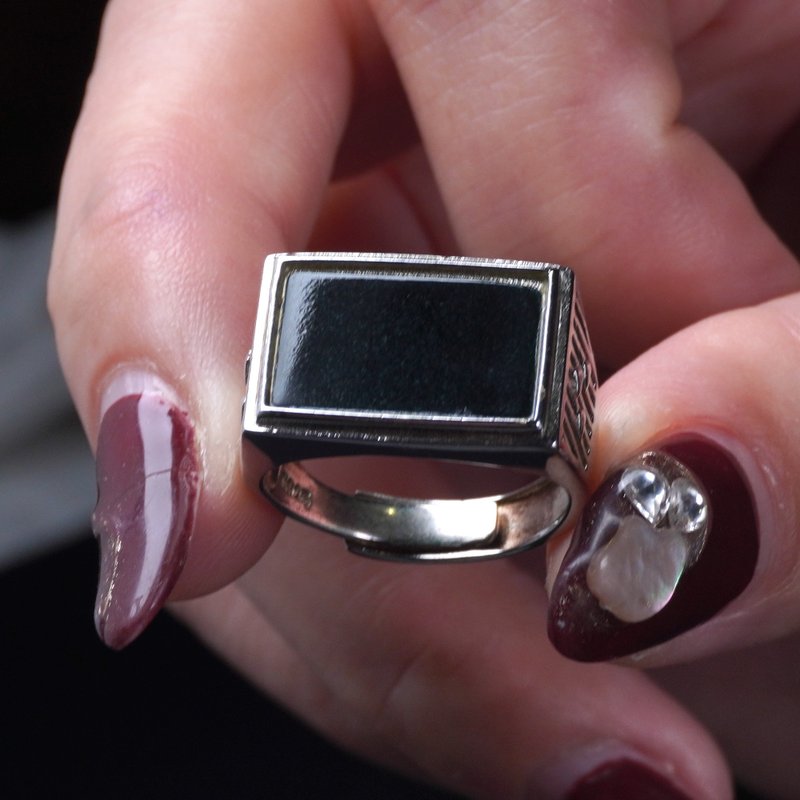 墨翠翡翠马鞍戒指 925纯银镶嵌  | 天然缅甸玉A货翡翠 | 送礼 - 戒指 - 玉石 绿色