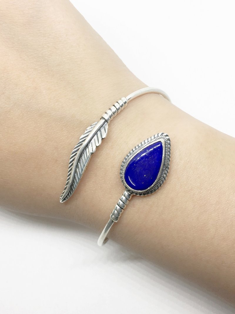 青金石羽毛设计925纯银手环手镯 尼泊尔手工镶嵌制作 - 手链/手环 - 宝石 蓝色