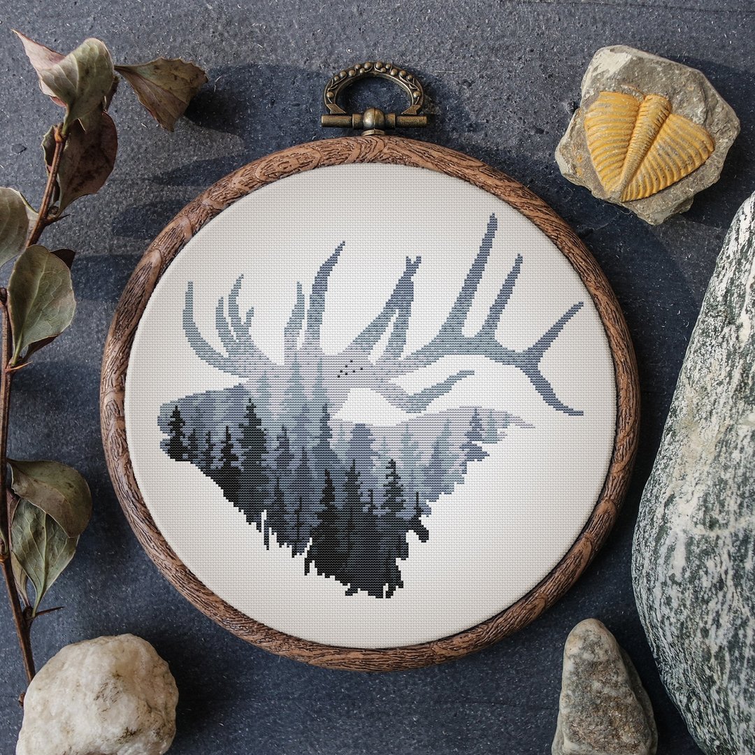 Landscape Cross Stitch Pattern Modern Nature Forest Deer Embroidery Pattern PDF - 手工艺教程/工具书 - 其他材质 