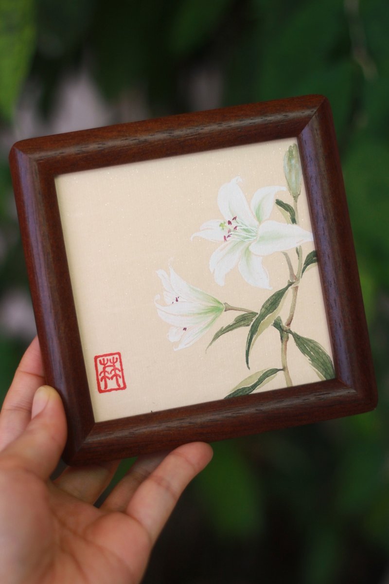 白百合没骨作品集 | 国画原作孤品 | 4寸中式摆台 | 实木画框 - 画框/相框 - 纸 白色