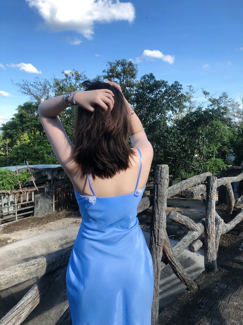 Baby blue butterfly dress - 洋装/连衣裙 - 丝．绢 蓝色