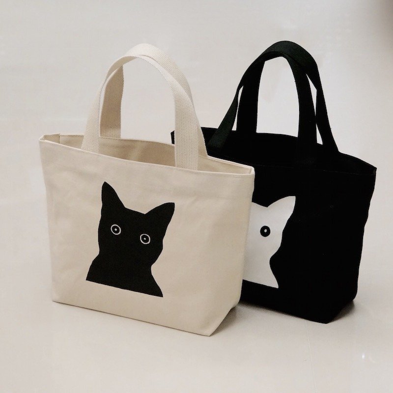 SillyCilly犀利希莉::B1604流浪小黑/白猫::帆布手提袋 - 手提包/手提袋 - 棉．麻 白色