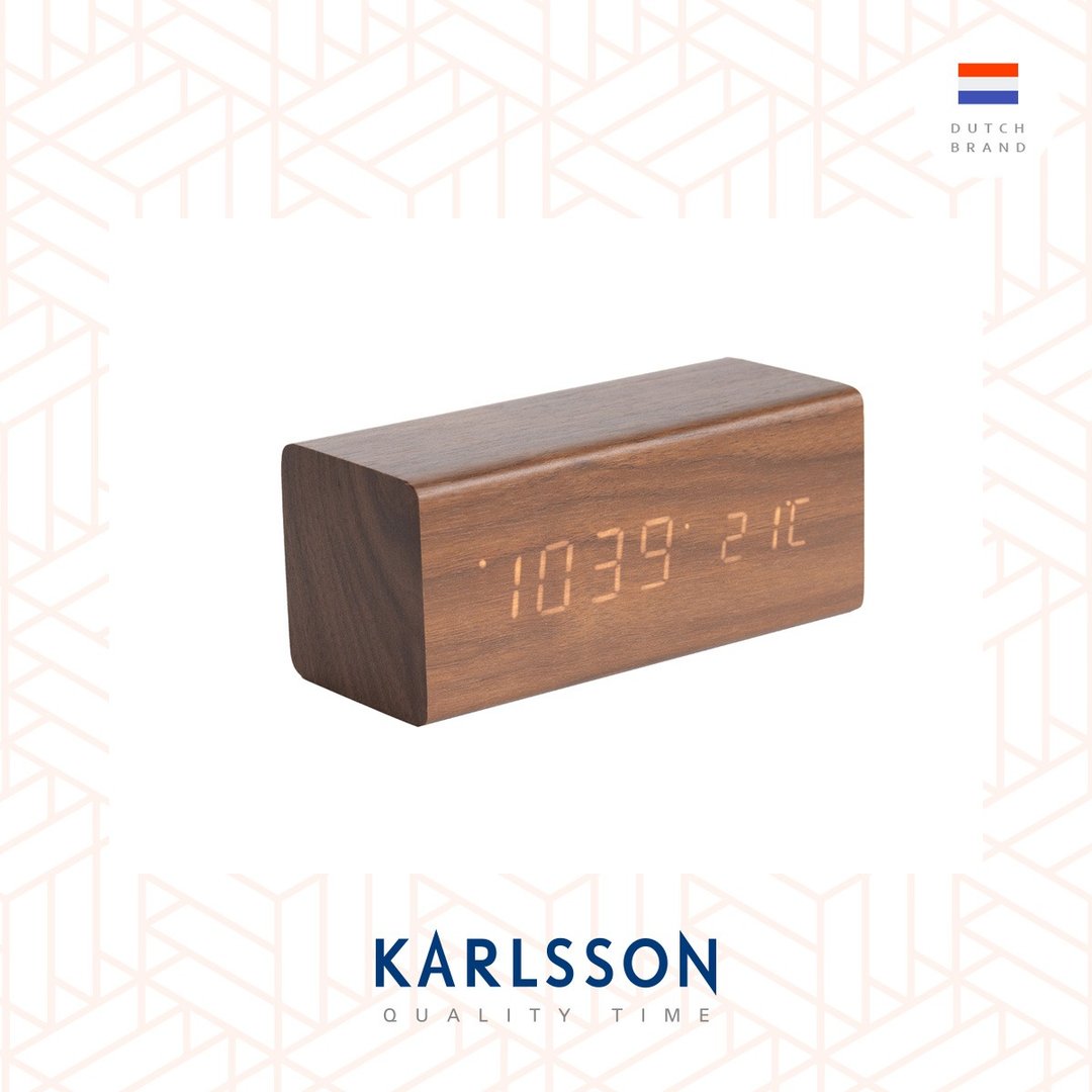 Karlsson, 木纹LED闹钟 Alarm clock Block wood veneer dark - 时钟/闹钟 - 木头 咖啡色