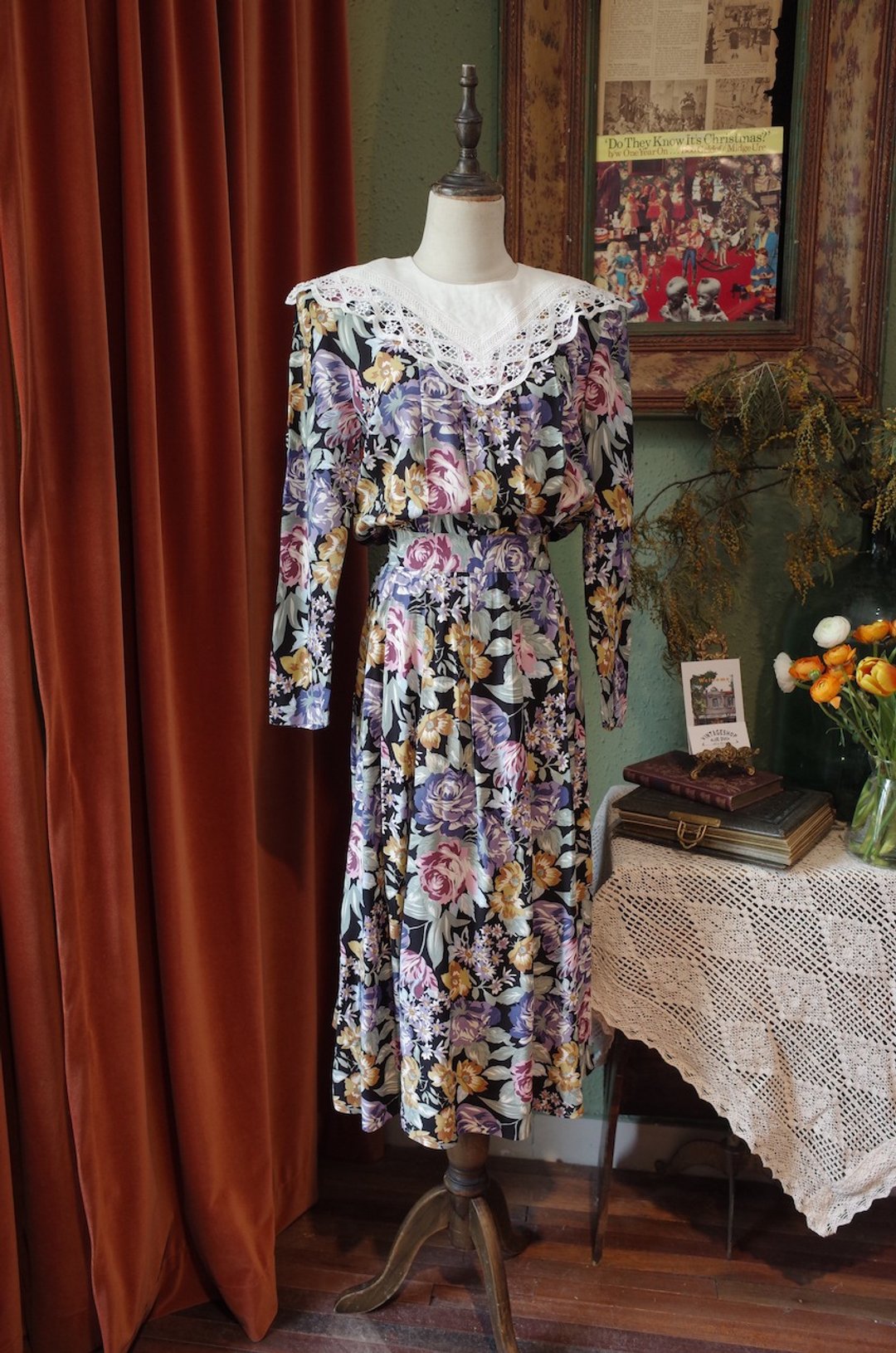 vintagedress 蕾丝三角翻领印花连衣裙古着洋裙 - 洋装/连衣裙 - 棉 