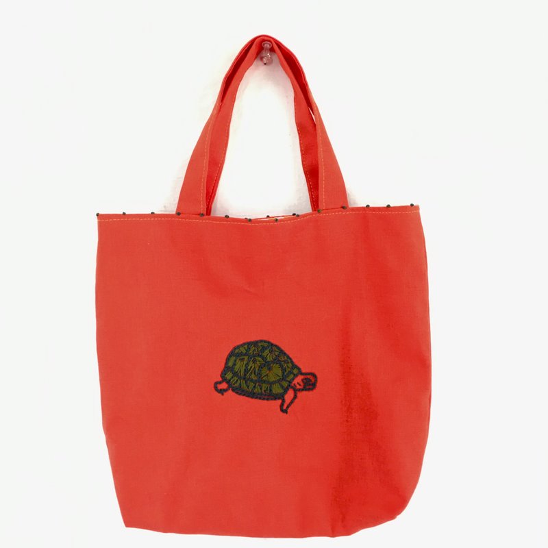 Turtle embroidery tote bag - 手提包/手提袋 - 棉．麻 橘色