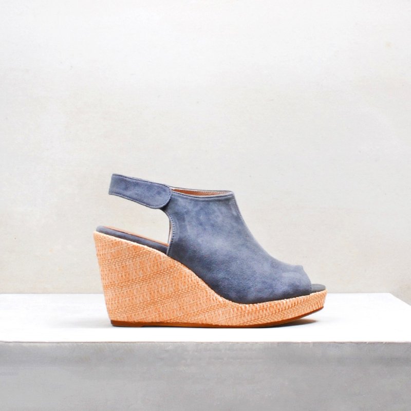 9012 鱼口楔型鞋 雾灰蓝 - 男女凉鞋 - 真皮 蓝色