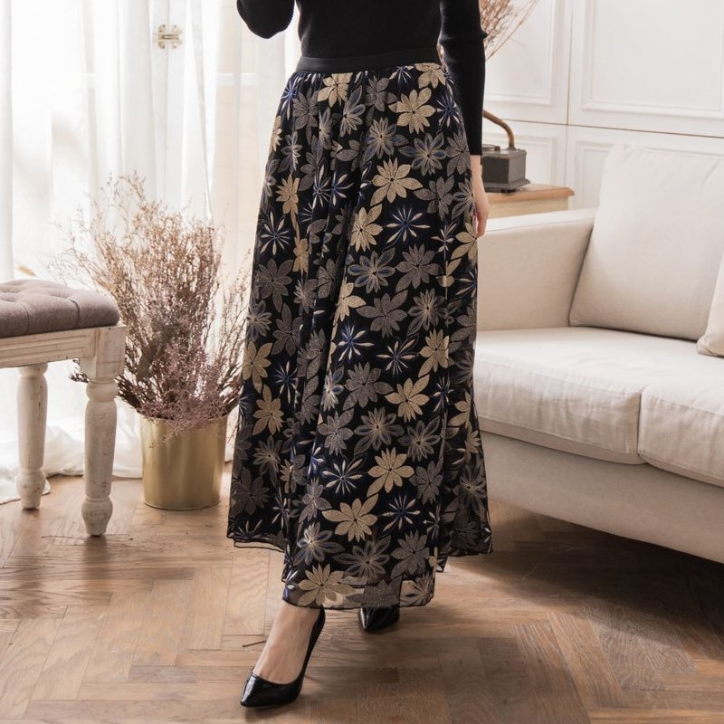 复古风绣花赫本纱裙    深蓝 - 裙子 - 聚酯纤维 蓝色