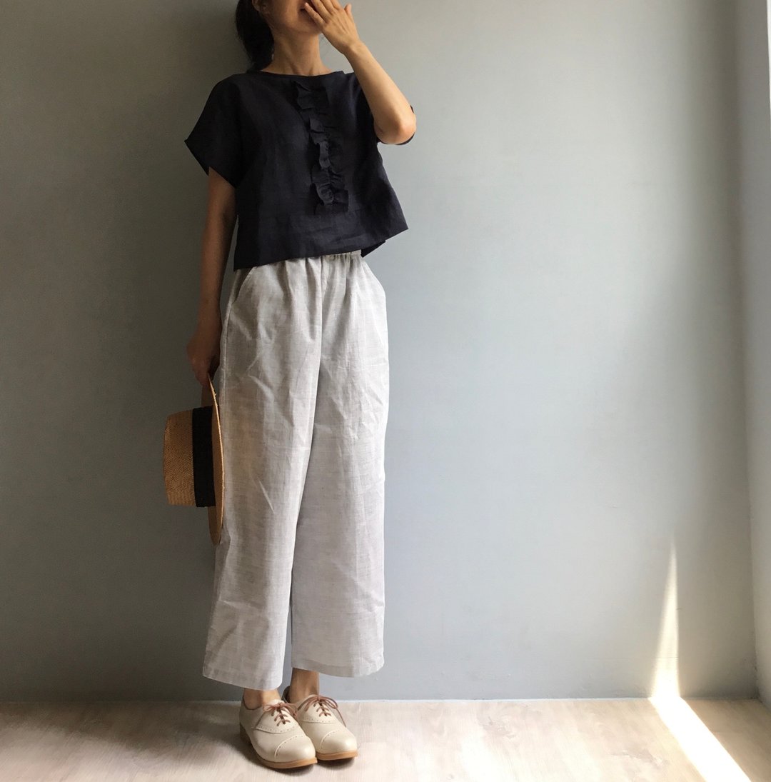 夏之海岸/鹅卵石灰白棉麻宽裤哈伦裤/九分裤 - 女装长裤 - 棉 