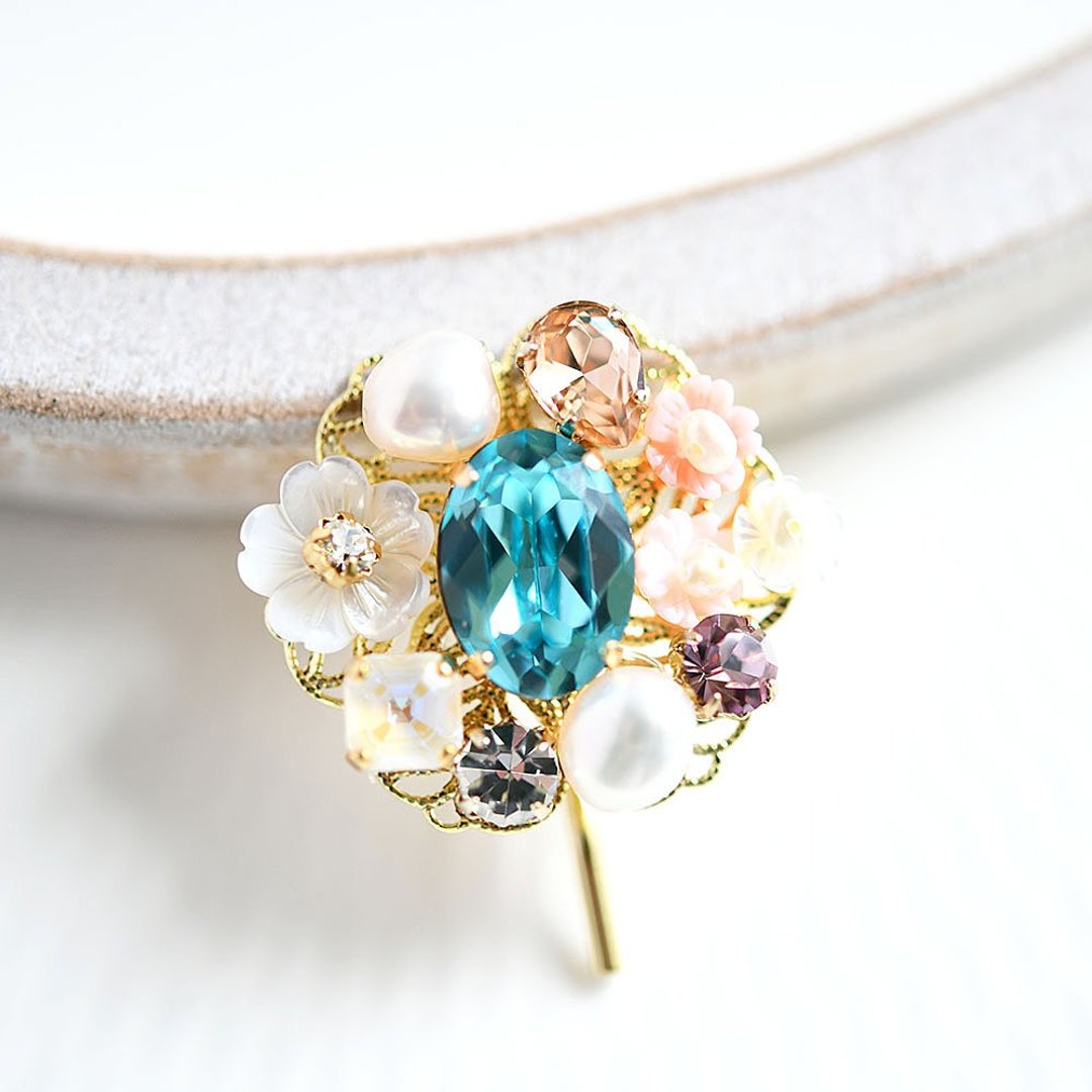 Swarovski Freshwater Pearl Shell Pony Hook Hair Elastic Ornament Light Turquoise Version - 发饰 - 其他金属 蓝色