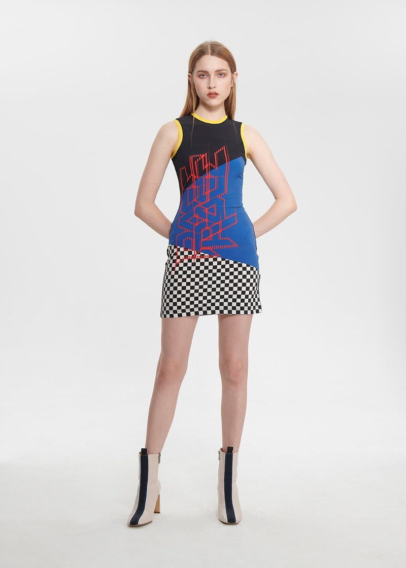 PINK SELFIE 马赛格子拼接洋装 - 洋装/连衣裙 - 其他材质 蓝色