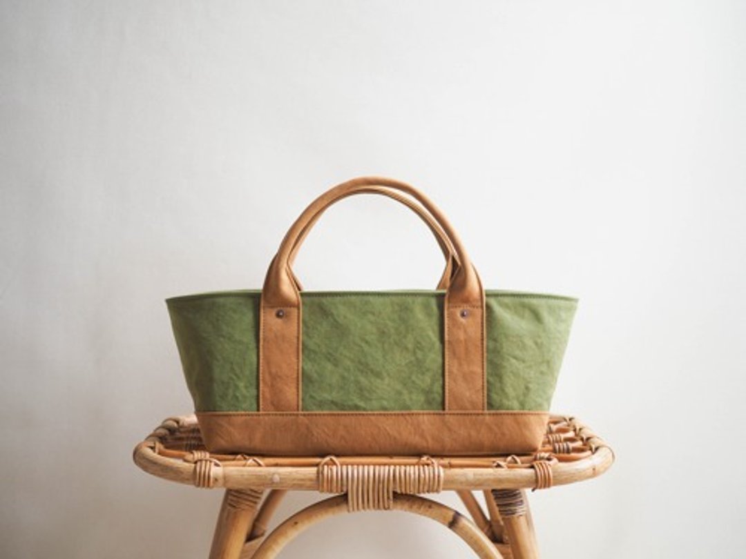 Made-to-order [ARMY DUCK] Tote bag with lid Yokonaga Light Olive x Camel - 手提包/手提袋 - 棉 
