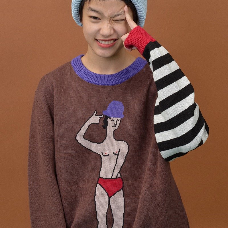 YIZISTORE原创秋冬新款针织男女宽松毛衣-咖啡色1号 - 男装针织衫/毛衣 - 棉．麻 咖啡色