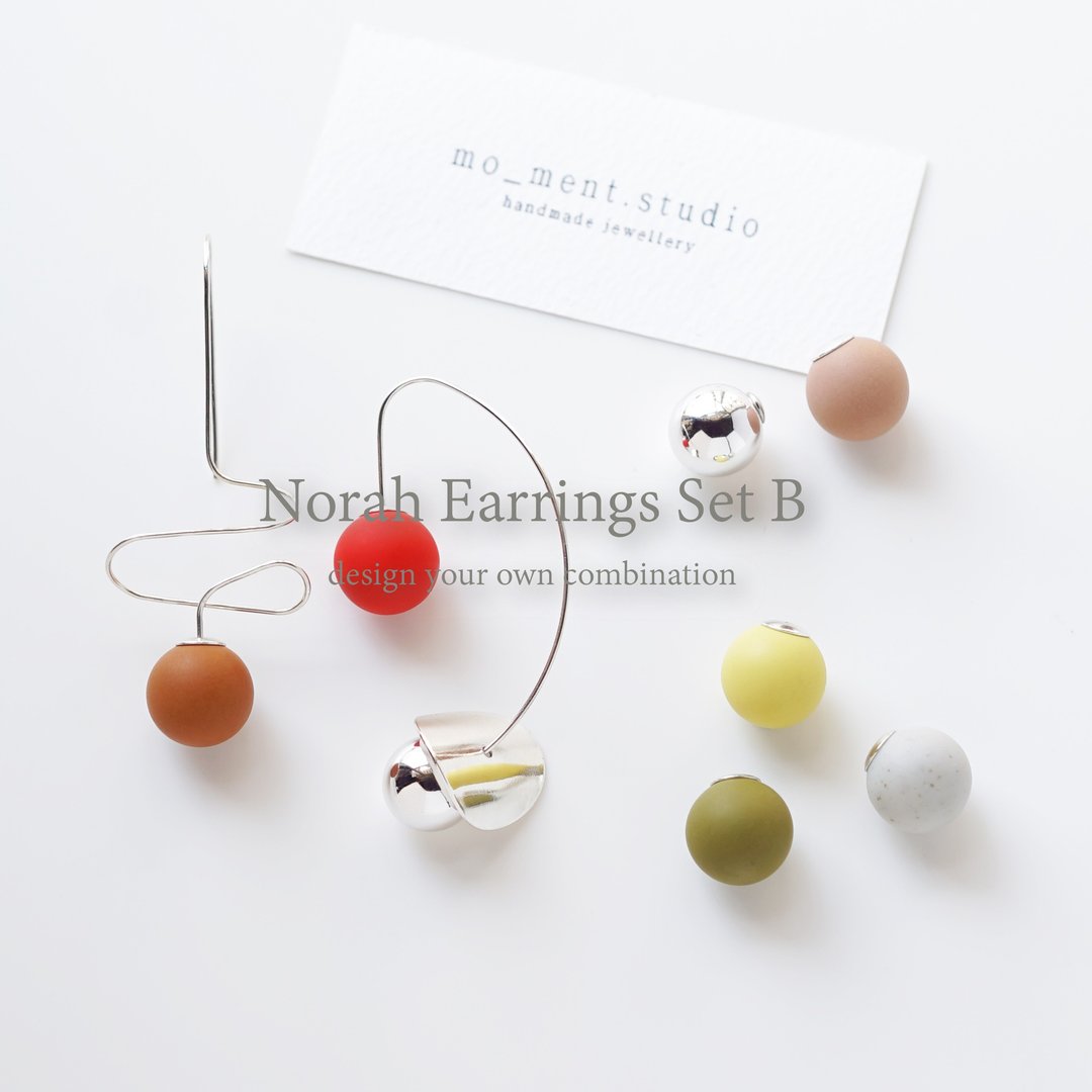 Norah Earrings Set B 原创设计 手工软陶 几何线条 纯银耳环套装 - 耳环/耳夹 - 陶 红色