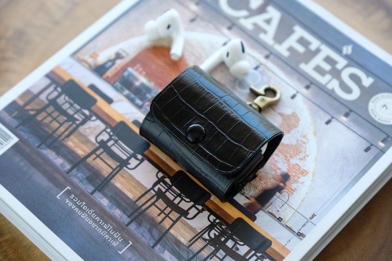 Airpods Pro Leather Case - Black Croco embossed - 耳机 - 真皮 黑色