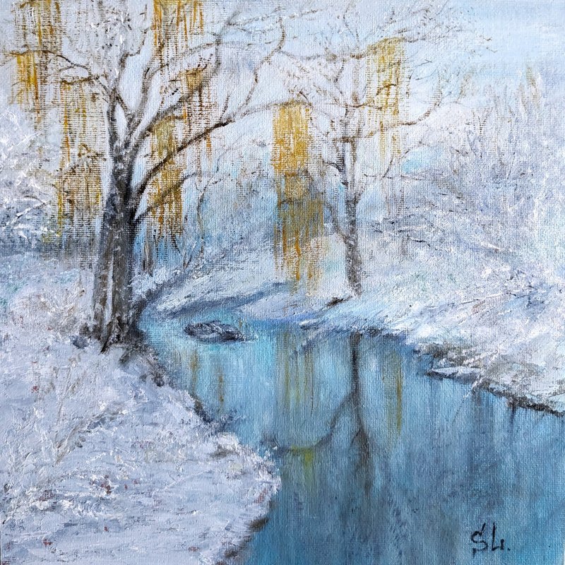 冬季风景手工油画墙艺术桦树黎明河倒影 - 海报/装饰画/版画 - 其他材质 蓝色