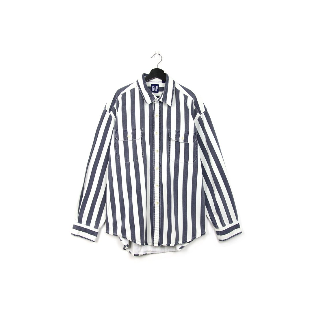 Back to Green::条纹丹宁衬衫 深灰黑白 //vintage shirt - 男装衬衫 - 棉 