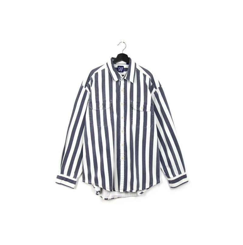 Back to Green::条纹丹宁衬衫 深灰黑白 //vintage shirt - 男装衬衫 - 棉．麻 