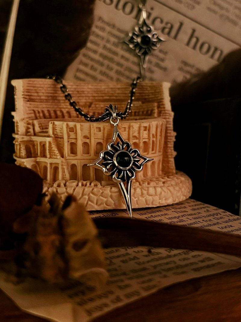 【巴洛克系列】圣花纹章/黑玛瑙石/银/单坠 - 项链 - 纯银 银色