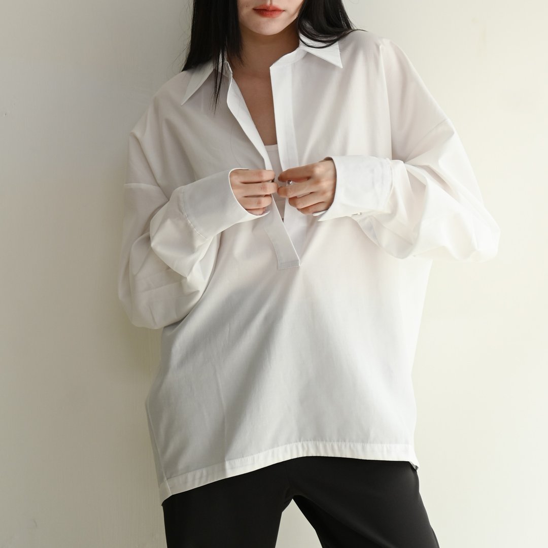 立体剪裁中性感宽松长袖衬衫 - 女装衬衫 - 聚酯纤维 白色