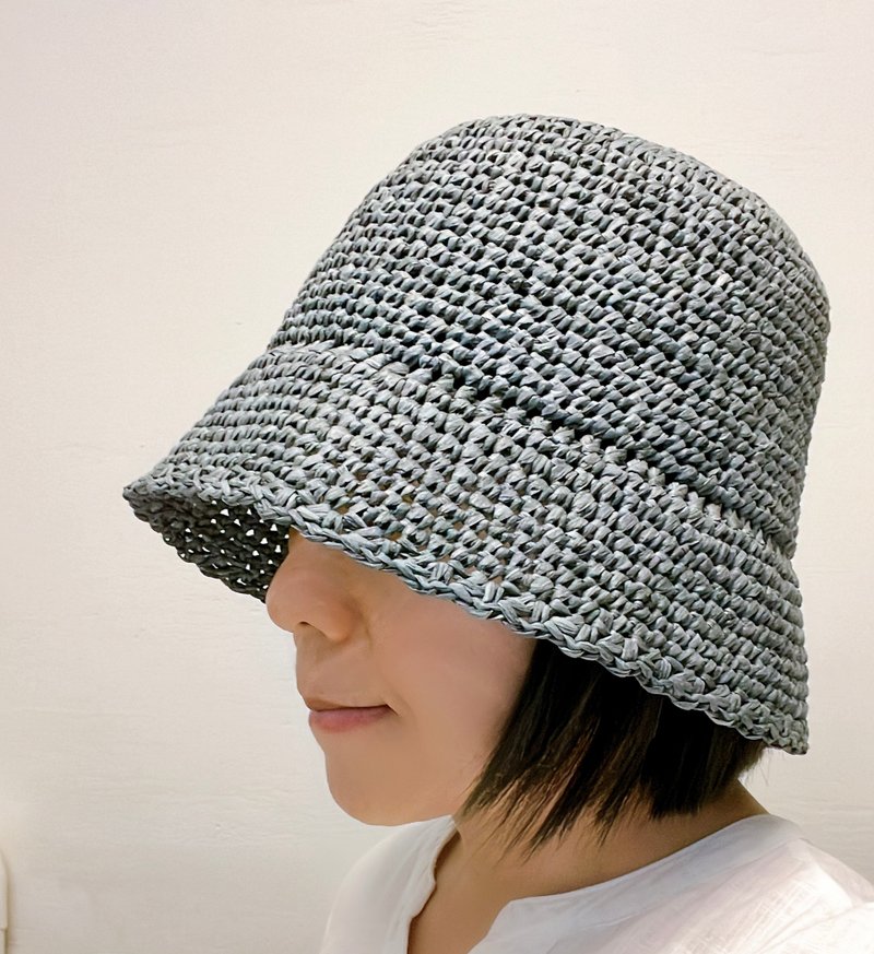 水洗丹宁染拉菲草手钩编织帽 渔夫帽 - 帽子 - 环保材料 