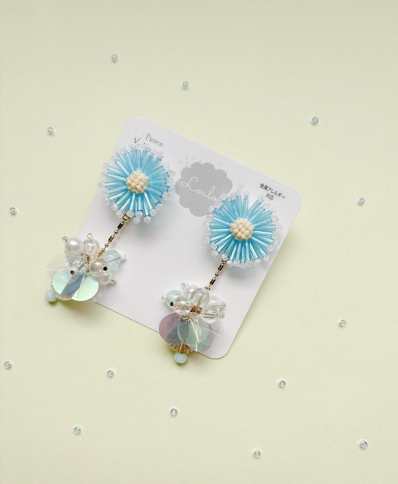 Shara-shara 耳饰 - 耳环/耳夹 - 绣线 蓝色