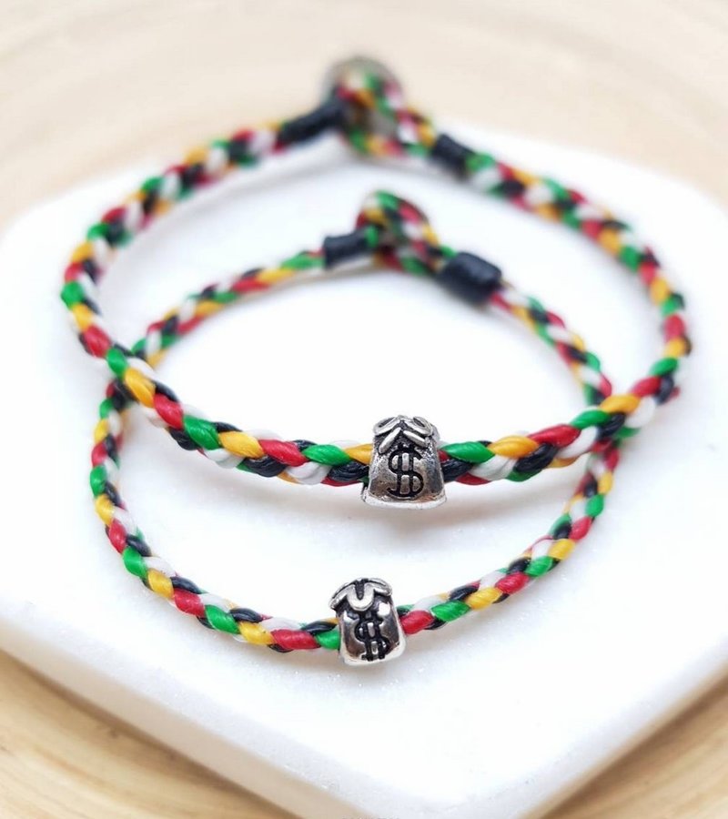 925纯银情侣对链 闺密对链 腊线手链组合(2入) 免费刻字 招财钱袋 - 手链/手环 - 纯银 