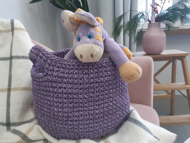 带把手钩针编织篮 带胶合板底部的篮子存储 - 置物架/篮子 - 聚酯纤维 