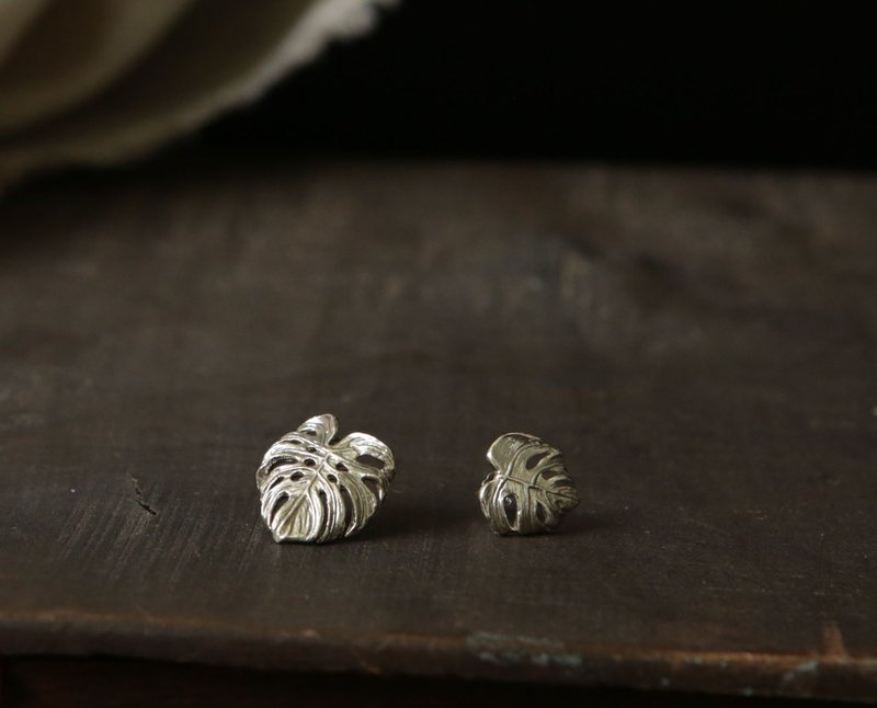 纯银文青风 龟背芋 电信兰 龟背竹 叶子耳环 可改夹式 - 耳环/耳夹 - 纯银 银色