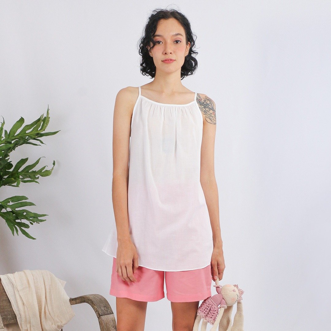 Cotton Pajamas, Cotton Spaghetti Tank Top, Sile, White - 女装上衣 - 棉．麻 白色
